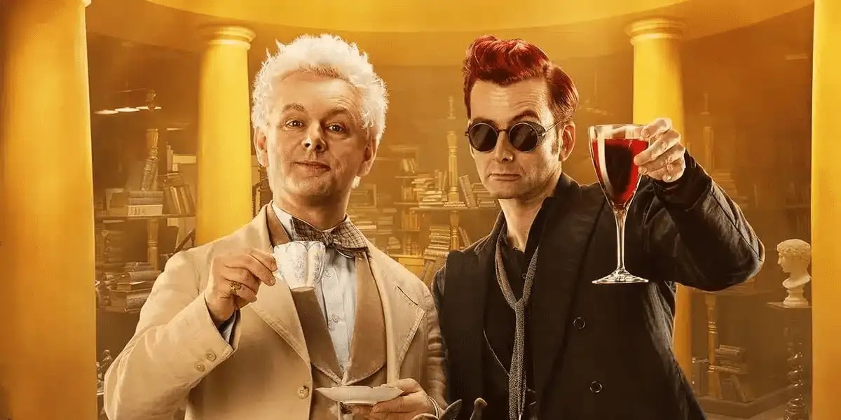 Aziraphale amb una tassa de te i Crowley amb una copa de vi. Part del pòster oficial de Good Omens.